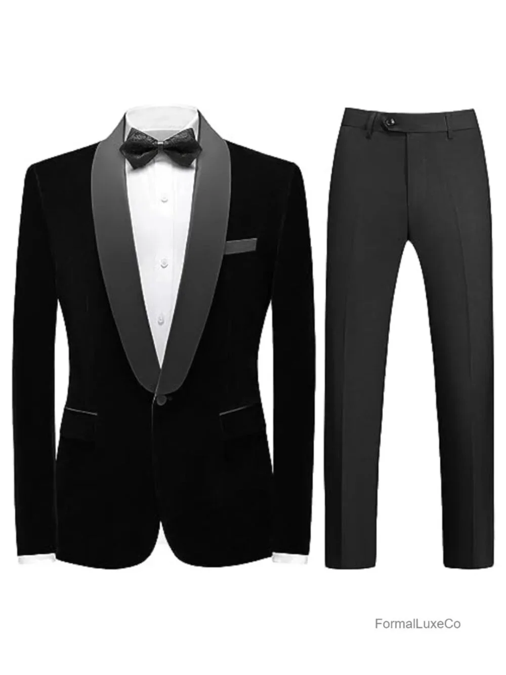 Men's Velvet Slim Fit 2 Piece Suit Set Shawl Lapel Blazer & Pants Tuxedo
